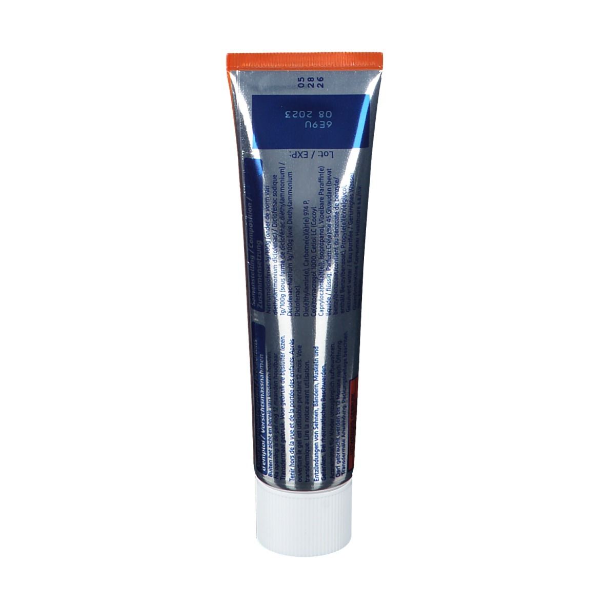 Achterkant van de Voltaren Emulgel 1% gel tube. Bevat tekst en vervaldatum.