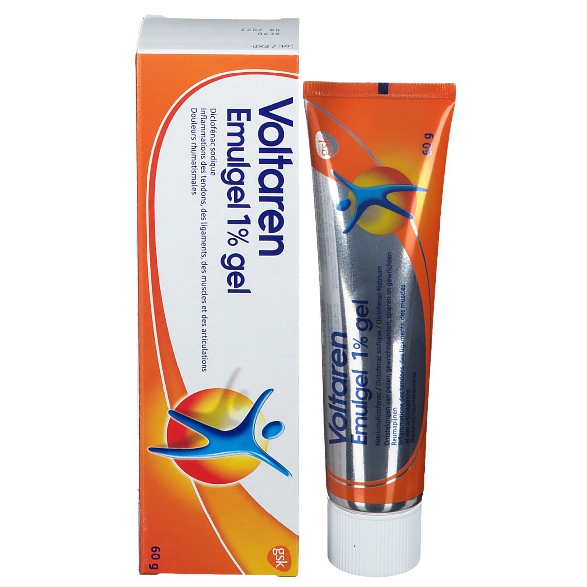 Voltaren Emulgel 1% gel tube en verpakking. Oranje-wit ontwerp met tekst.