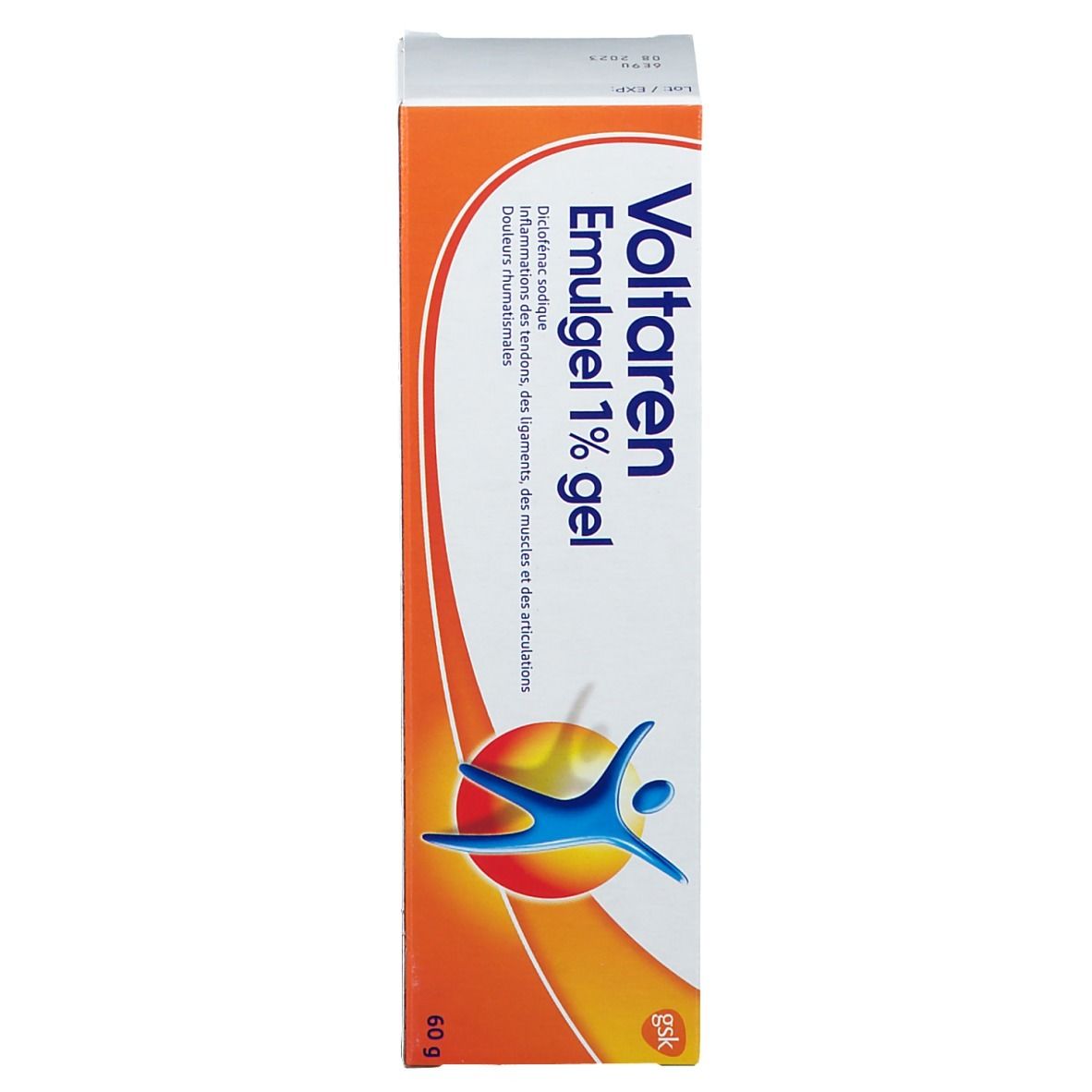 Verpakking van Voltaren Emulgel 1% gel. Oranje-wit ontwerp met tekst.