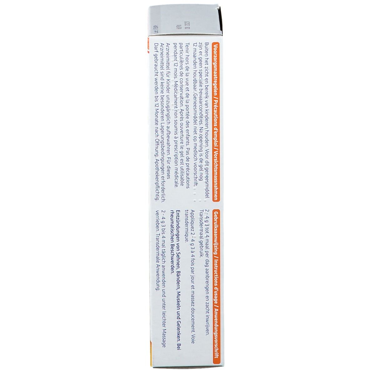 Achterkant van de verpakking van Voltaren Emulgel 1% gel. Bevat tekst.
