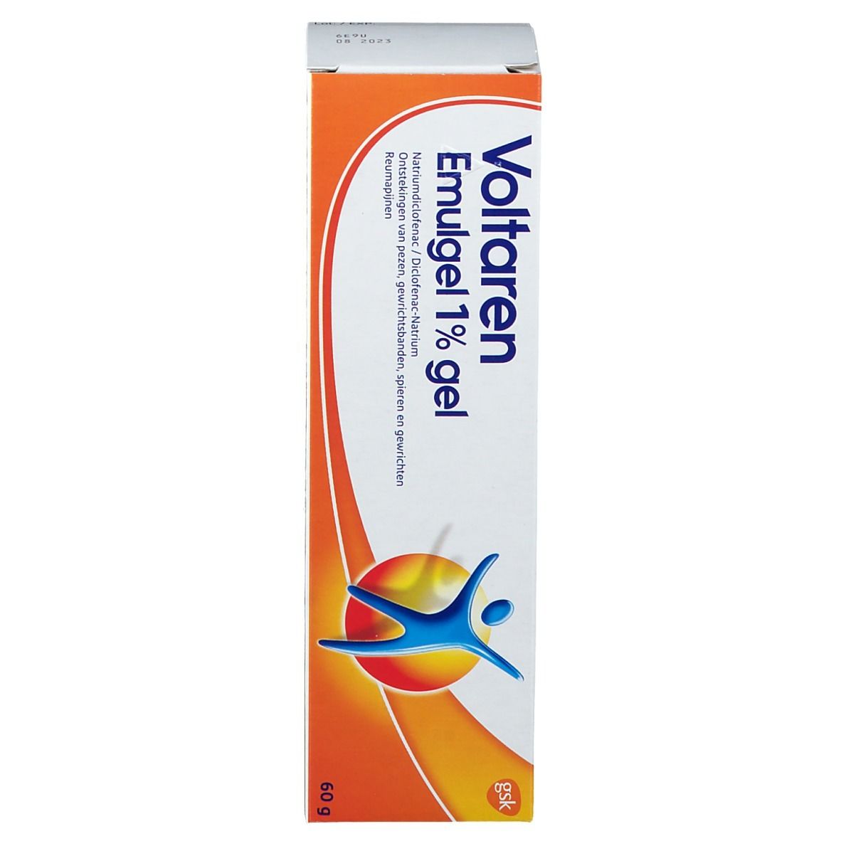 Verpakking van Voltaren Emulgel 1% gel. Oranje-wit ontwerp met tekst.