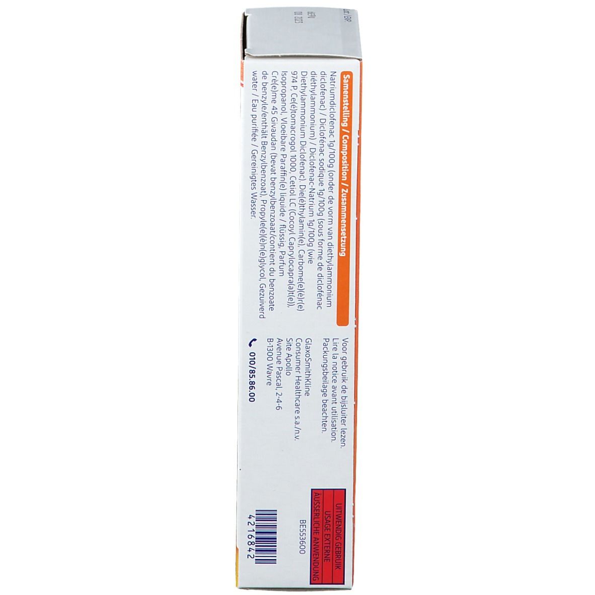 Achterkant van de verpakking van Voltaren Emulgel 1% gel. Bevat tekst.