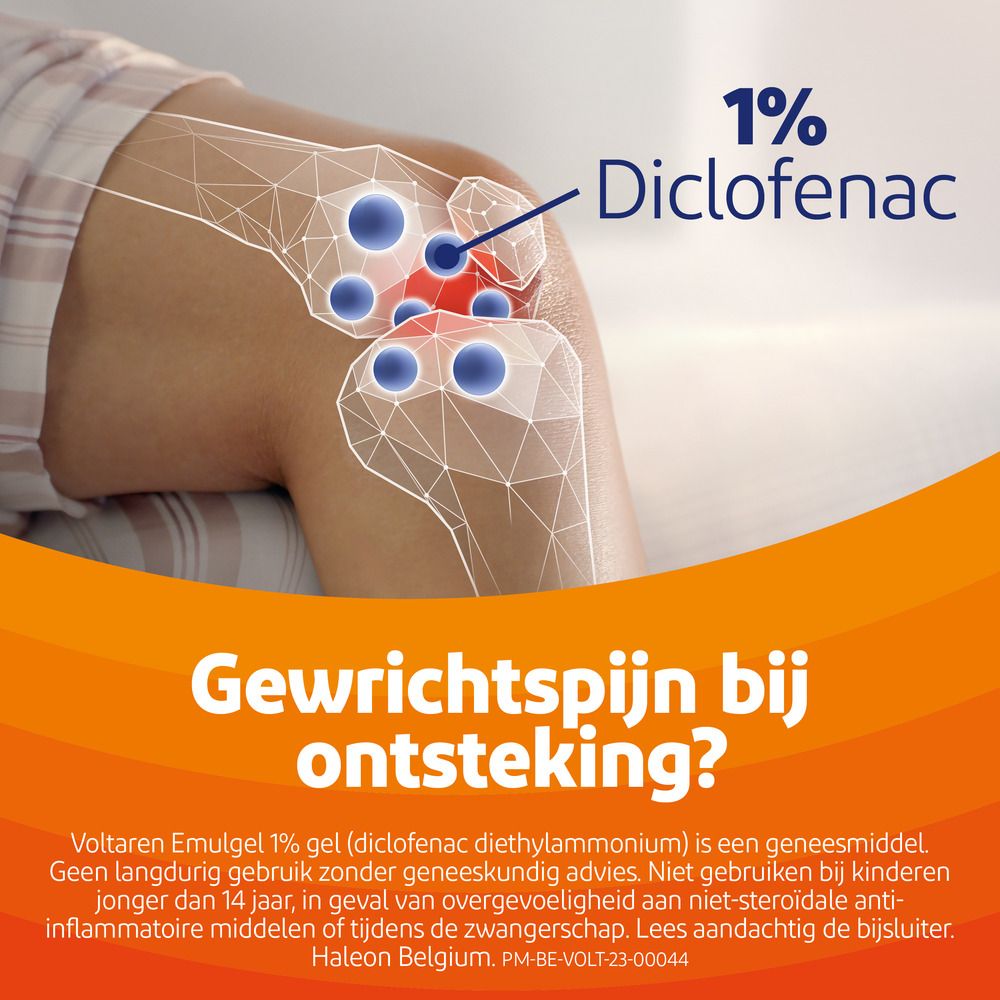 Knie met pijn punten. Tekst: Diclofenac 1%.
