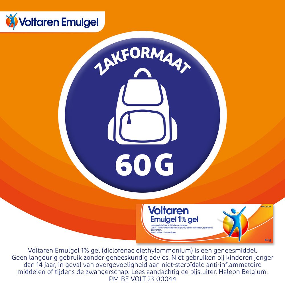 Cirkel met rugzak symbool en tekst: Zakformaat, 60g. Voltaren Emulgel 1%.