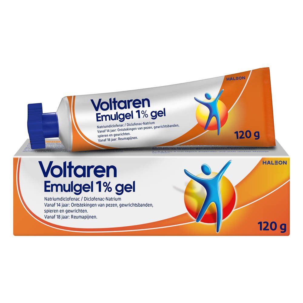 Tube en doos van Voltaren Emulgel 1% gel. Tube met blauwe dop. 120g.