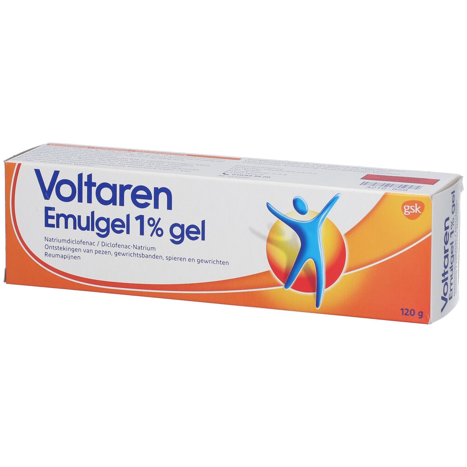 Verpakking van Voltaren Emulgel 1% gel. Wit-oranje doos met productnaam en logo. 120g.