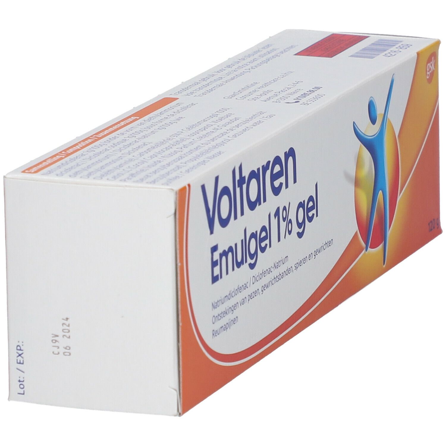Verpakking van Voltaren Emulgel 1% gel. Wit en oranje doos. Bedrukking met houdbaarheidsdatum.