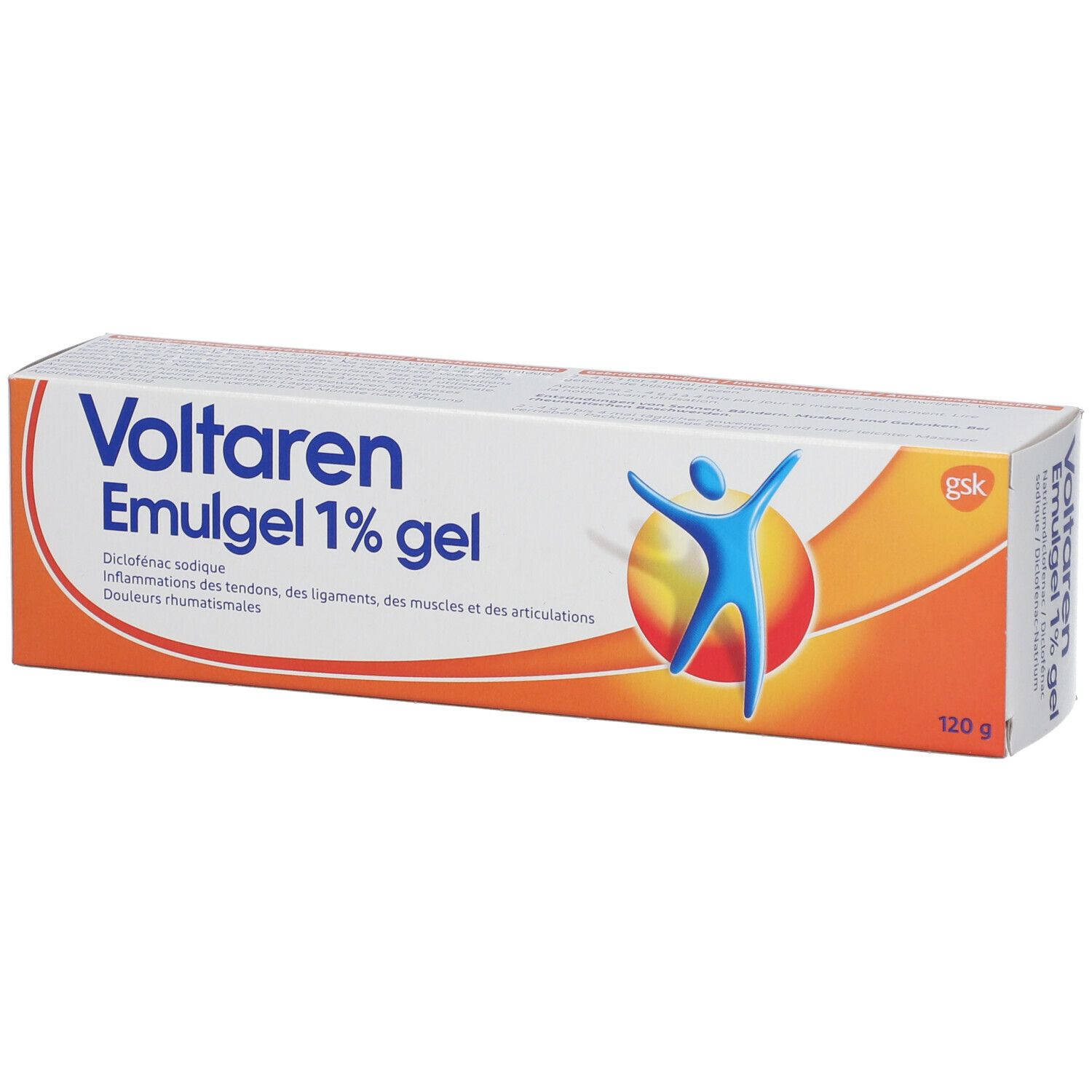 Verpakking van Voltaren Emulgel 1% gel. Wit-oranje doos met productnaam en logo. 120g.
