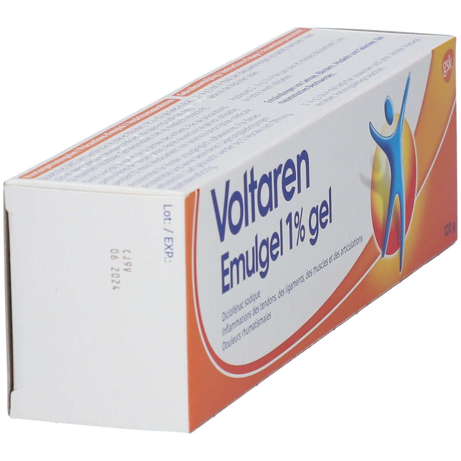Verpakking van Voltaren Emulgel 1% gel. Wit en oranje doos. Bedrukking met houdbaarheidsdatum.