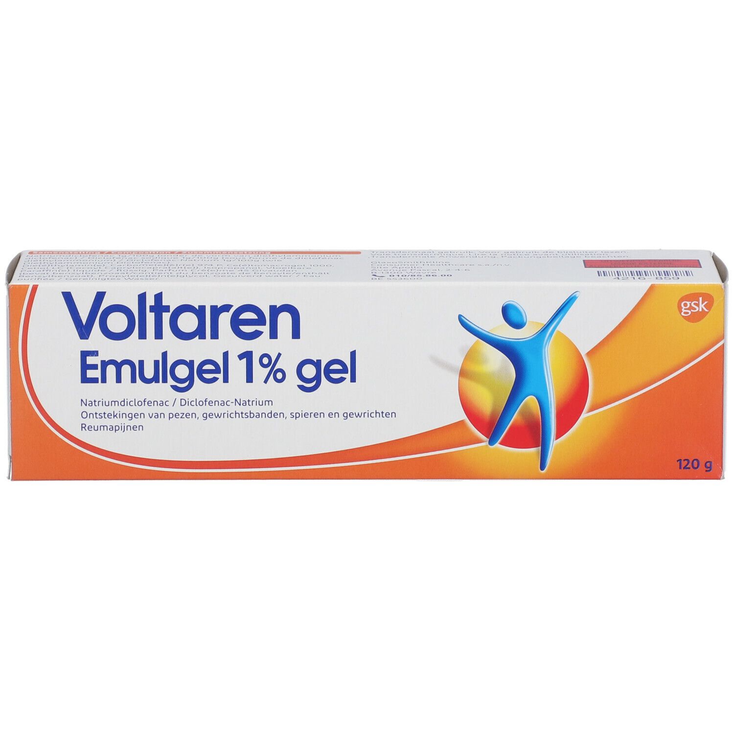 Verpakking van Voltaren Emulgel 1% gel. Wit-oranje doos met productnaam en logo. 120g.