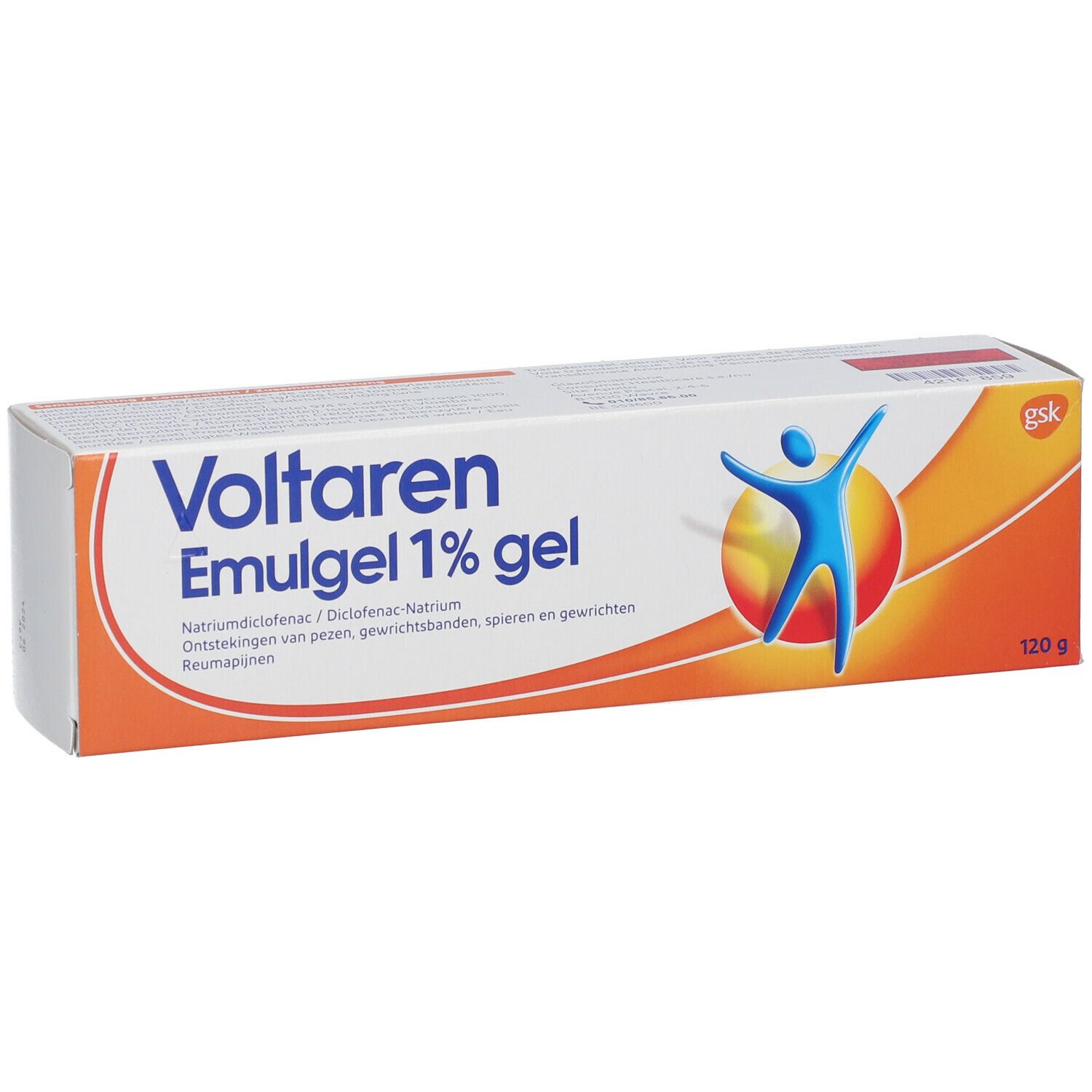 Verpakking van Voltaren Emulgel 1% gel. Wit-oranje doos met productnaam en logo. 120g.