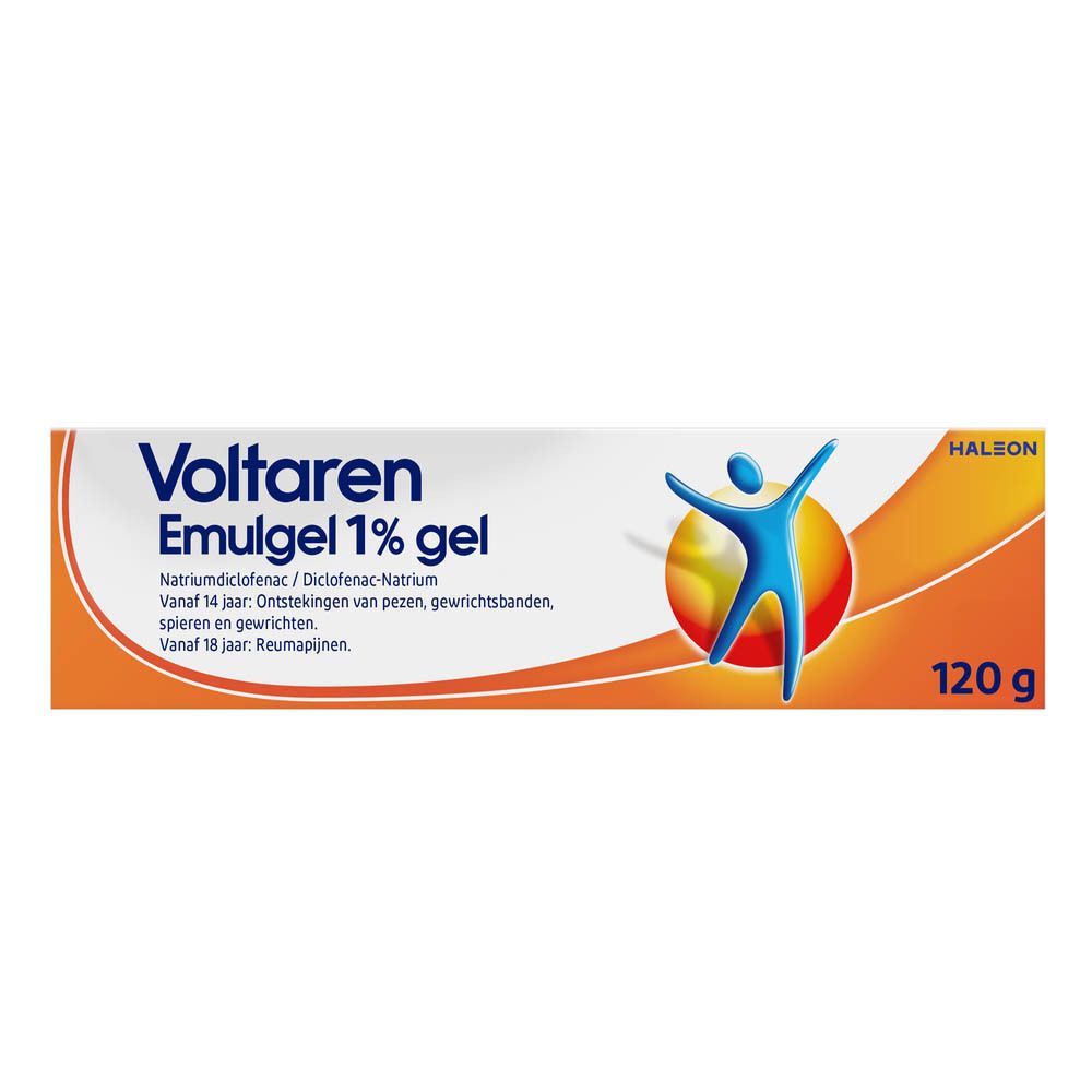 Verpakking van Voltaren Emulgel 1% gel. Wit-oranje doos met productnaam en logo. 120g.