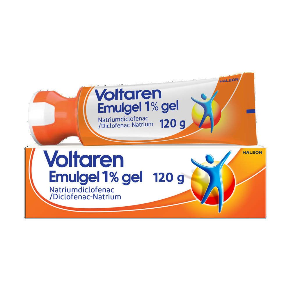 Voltaren Emulgel 1% gel tube en doos. 120g. Met tekst en logo.
