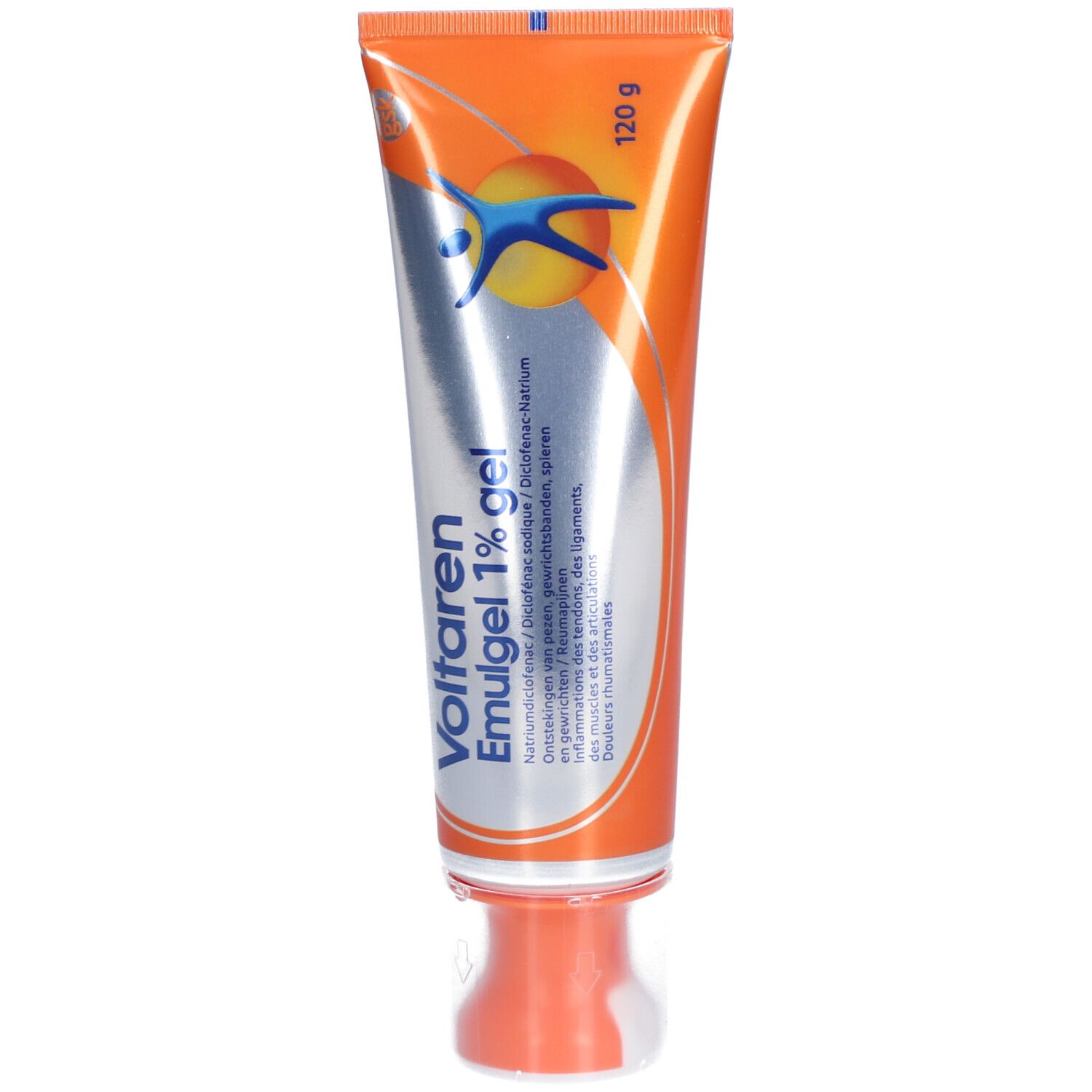 Voltaren Emulgel 1% gel tube. Oranje en wit. 120g. Blauw logo en tekst.