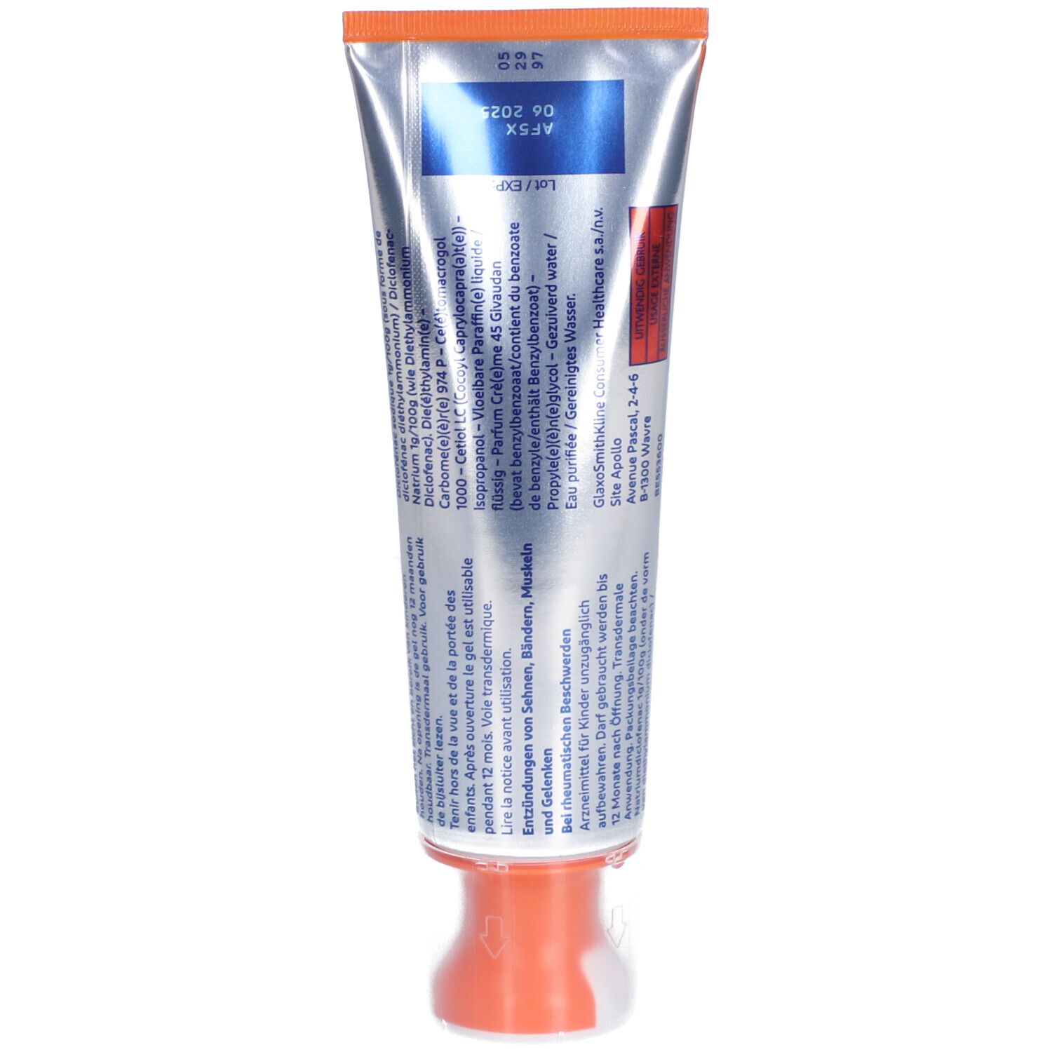 Achterkant van de Voltaren Emulgel 1% gel tube. Wit met tekst en oranje dop.