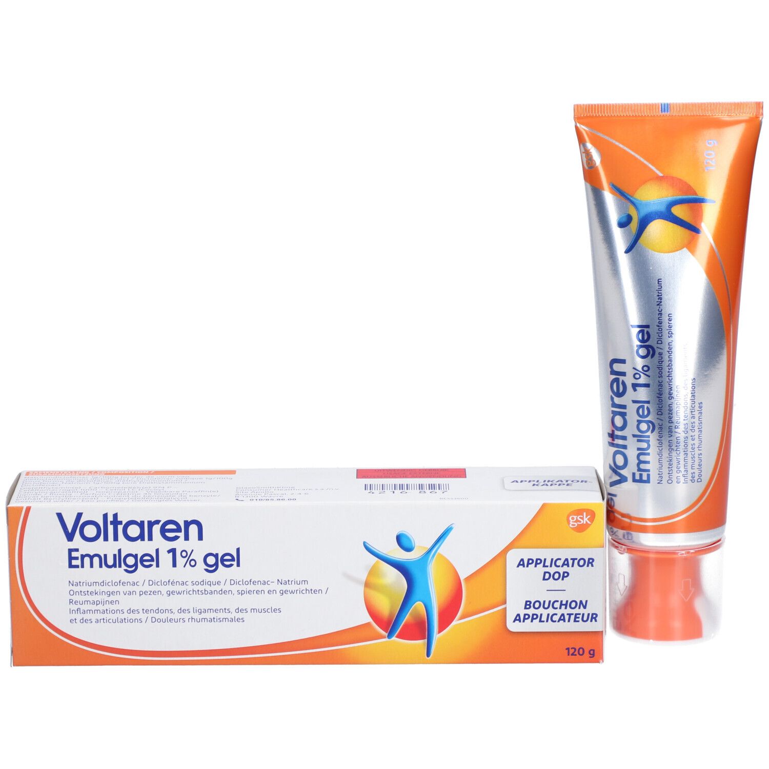 Voltaren Emulgel 1% gel tube en doos. Oranje en wit. 120g. Met tekst en logo.