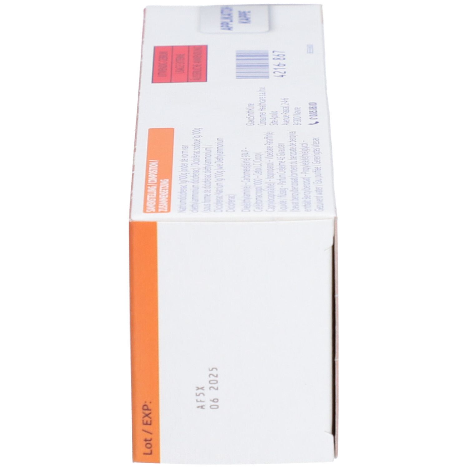 Doos van Voltaren Emulgel 1% gel. Oranje en wit. Met tekst en logo.