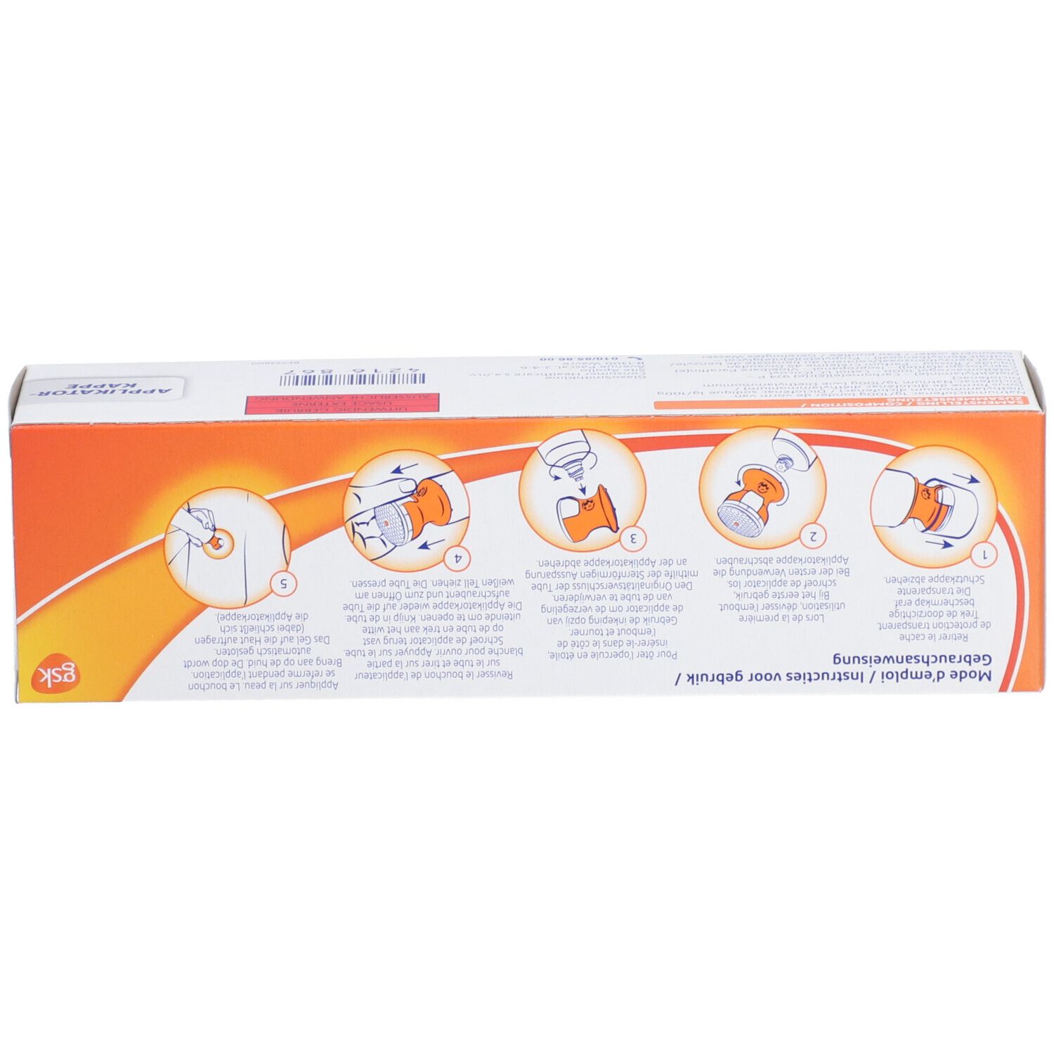 Achterkant van de doos van Voltaren Emulgel 1% gel. Met instructies en logo.