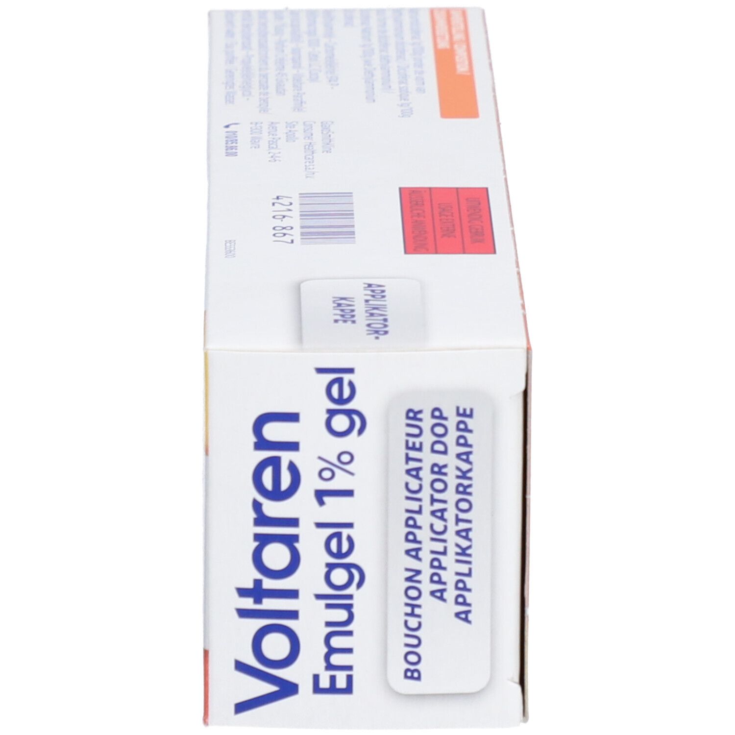 Zijkant van de doos van Voltaren Emulgel 1% gel. Met tekst en logo.