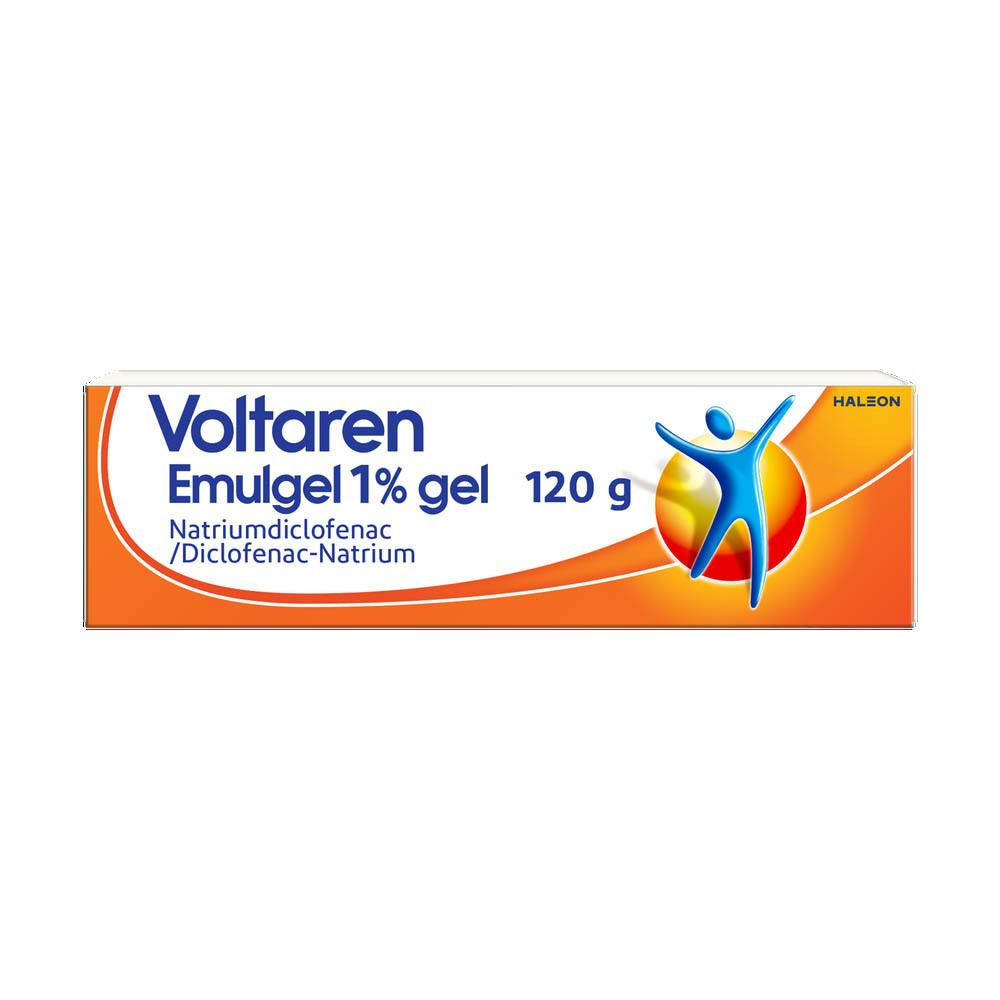 Doos van Voltaren Emulgel 1% gel. 120g. Met tekst en logo.