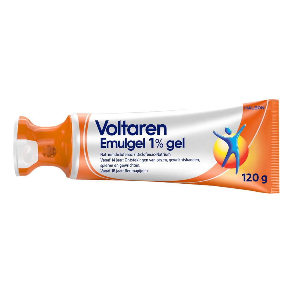 Voltaren Emulgel 1% gel tube. 120g. Met tekst en logo.
