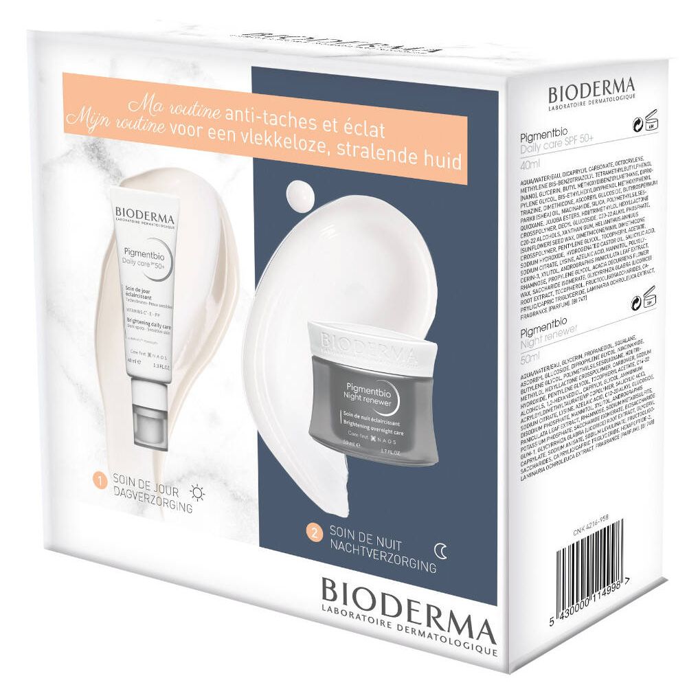 Verpakking van Bioderma Pigmentbio set. Bevat dag- en nachtverzorging. Tekst: 'Anti-vlekken en stralende huid'.