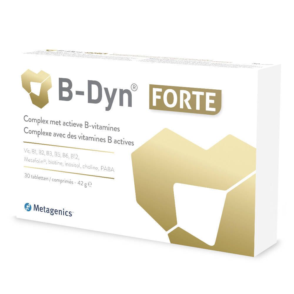 Witte doos B-Dyn® FORTE. Bevat B-vitamines. 30 tabletten. Metagenics logo.