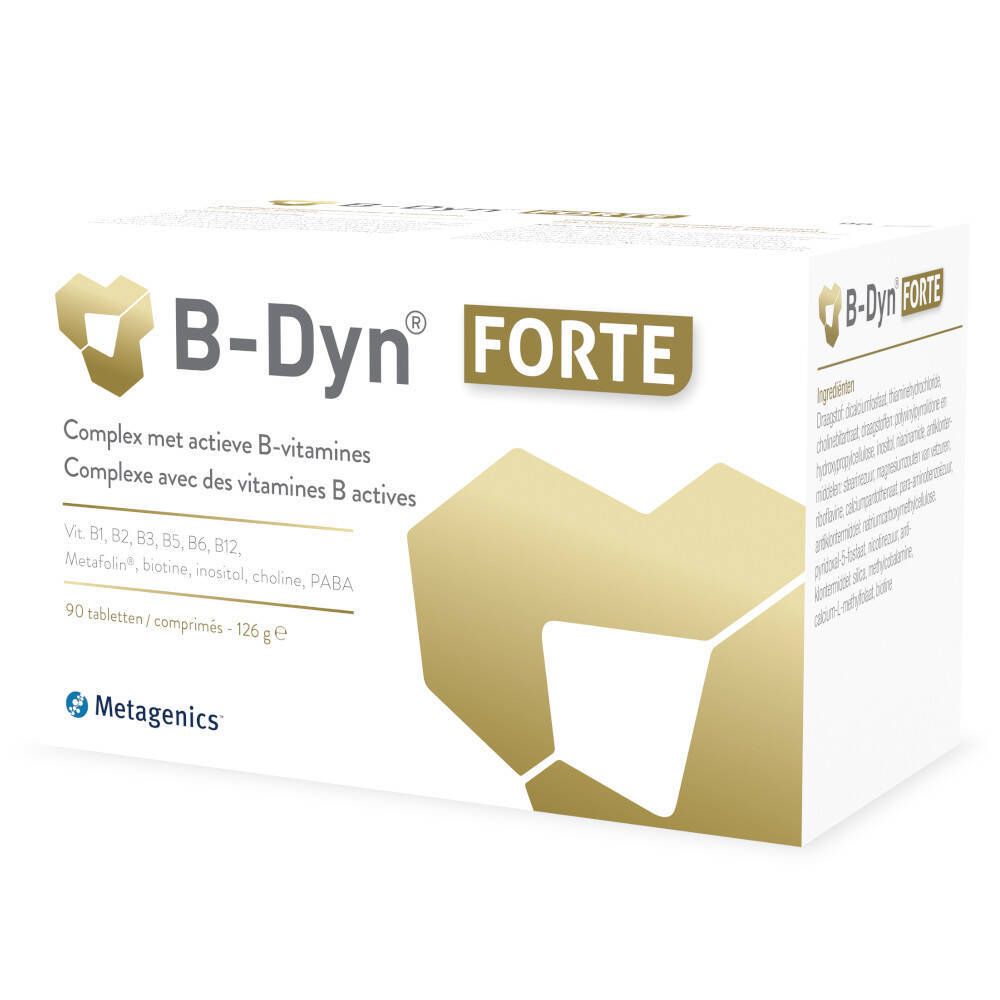 Verpakking van B-Dyn® FORTE. Bevat 90 tabletten. Opschrift: Complex met actieve B-vitamines.