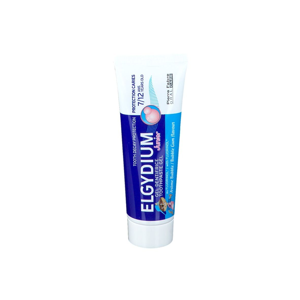 Tube de dentifrice ELGYDIUM Junior, goût Bubble Gum. Tube bleu et blanc avec nom et recommandation d'âge.