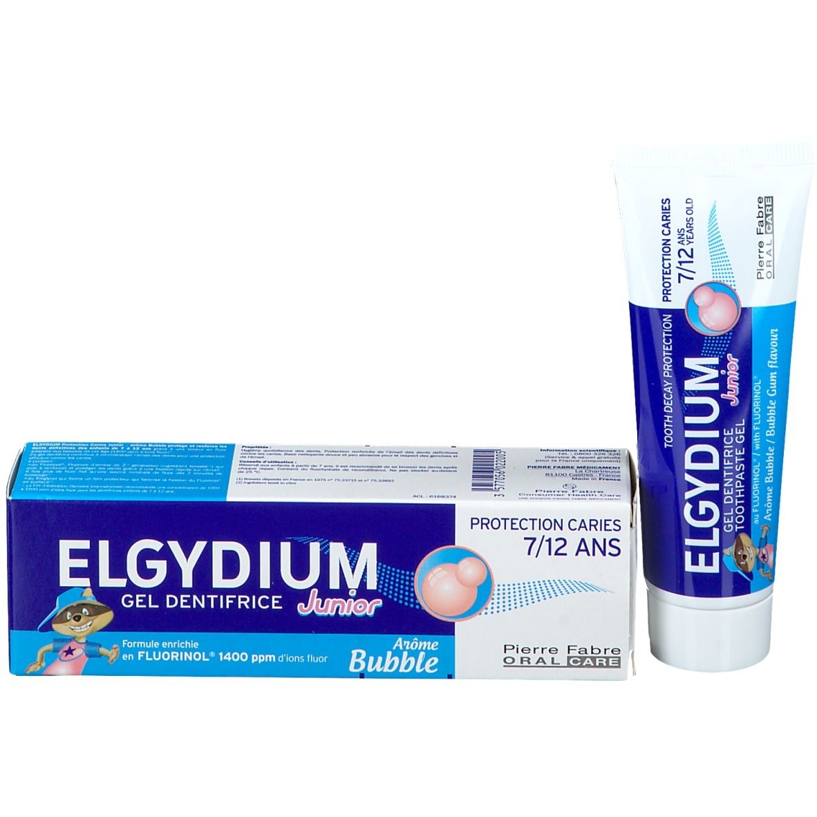 Tube et boîte de dentifrice ELGYDIUM Junior. Boîte et tube avec nom, recommandation d'âge et goût.