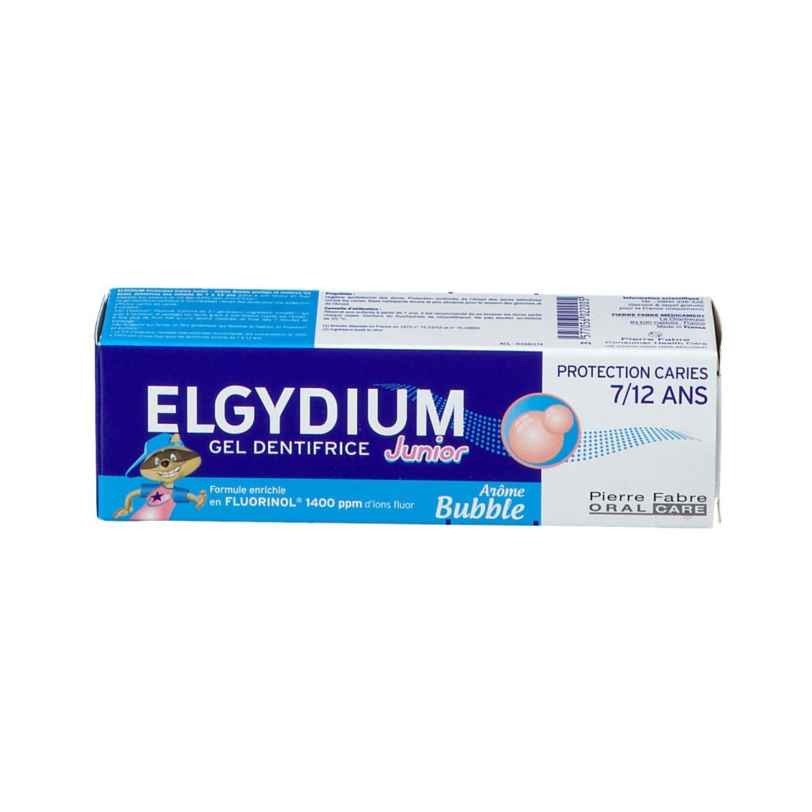 Boîte de dentifrice ELGYDIUM Junior. Boîte bleue avec nom, recommandation d'âge et goût.
