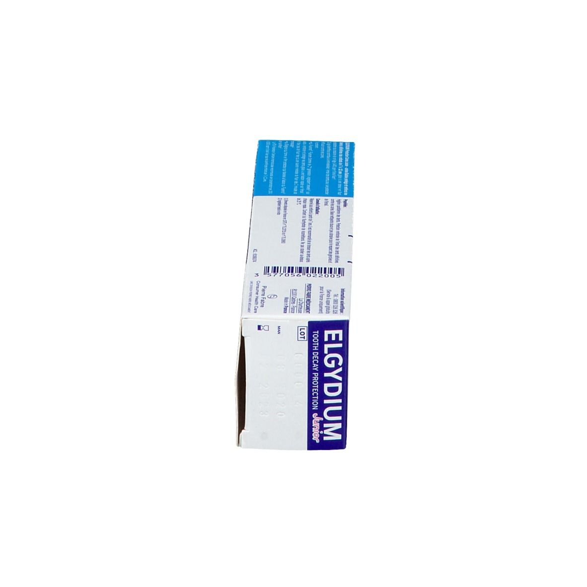 Vue latérale de la boîte de dentifrice ELGYDIUM Junior. Boîte bleue avec informations produit.