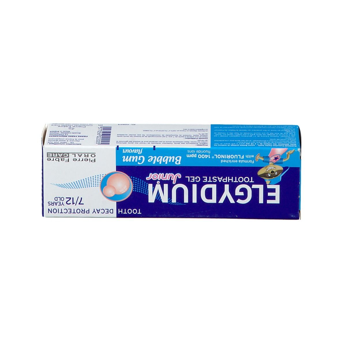 Boîte de dentifrice ELGYDIUM Junior. Boîte bleue avec nom, recommandation d'âge et goût.