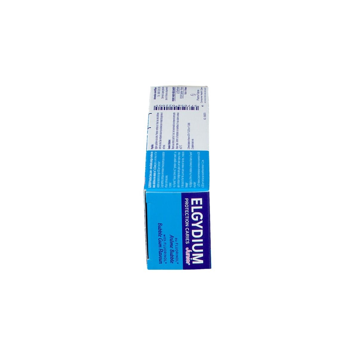 Vue latérale de la boîte de dentifrice ELGYDIUM Junior. Boîte bleue avec informations produit.