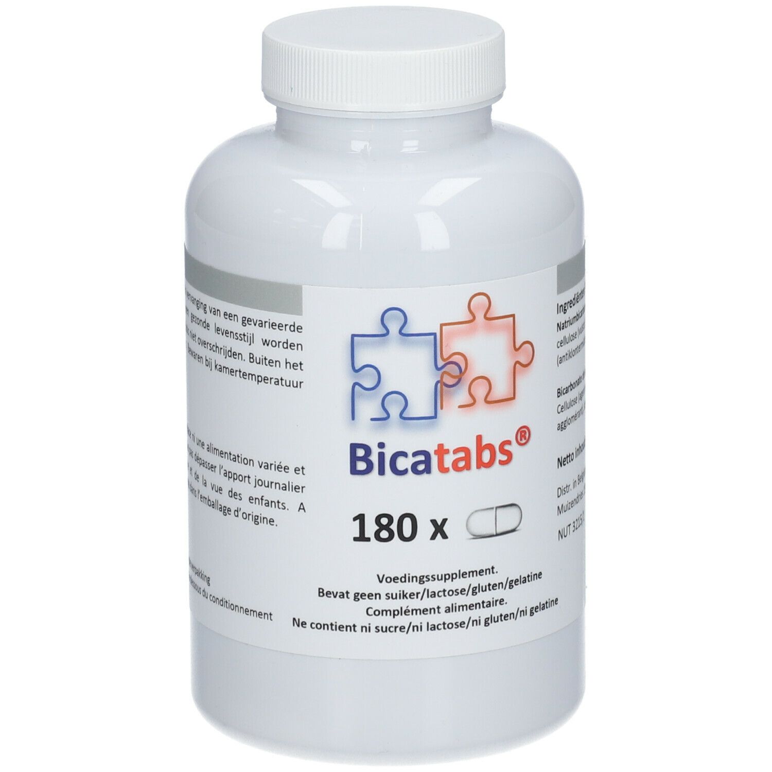 Flacon blanc avec logo Bicatabs® et inscription '180 x'. Contient des comprimés. Texte en néerlandais.