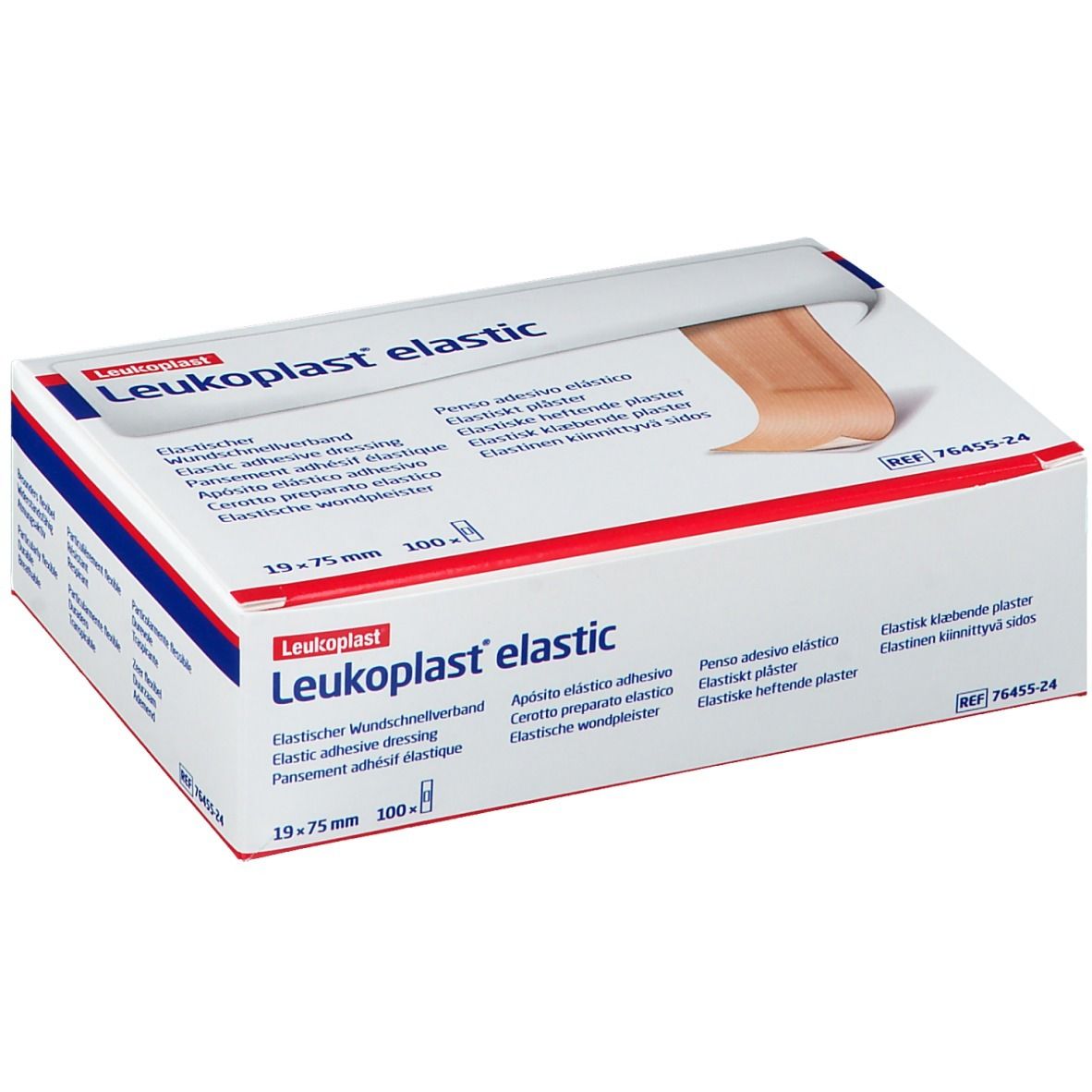 Verpakking Leukoplast® elastic pleisters. Afmeting 19 x 75 mm. Witte doos met productlogo en productafbeelding.