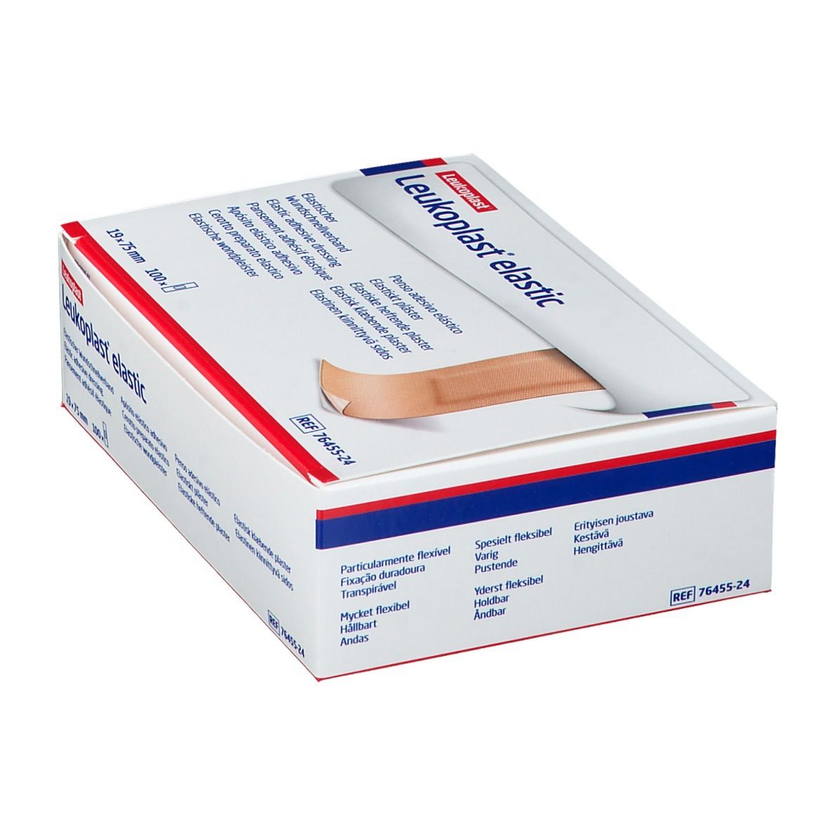 Verpakking Leukoplast® elastic pleisters. Afmeting 19 x 75 mm. Witte doos met rode en blauwe lijn.