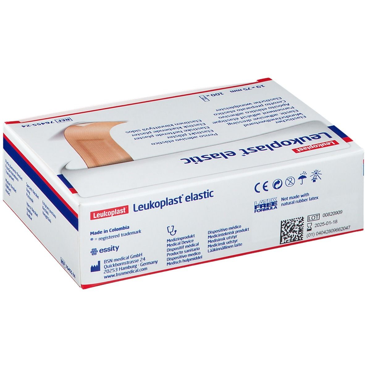 Verpakking Leukoplast® elastic pleisters. Afmeting 19 x 75 mm. Witte doos met productlogo en certificeringen.