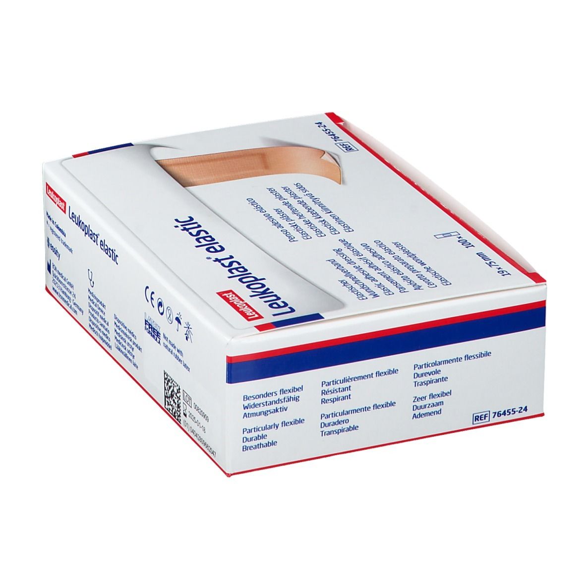 Verpakking Leukoplast® elastic pleisters. Afmeting 19 x 75 mm. Witte doos met rode en blauwe lijn.