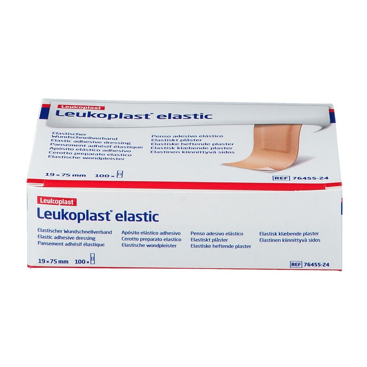 Verpakking Leukoplast® elastic pleisters. Afmeting 19 x 75 mm. Witte doos met productlogo en productafbeelding.