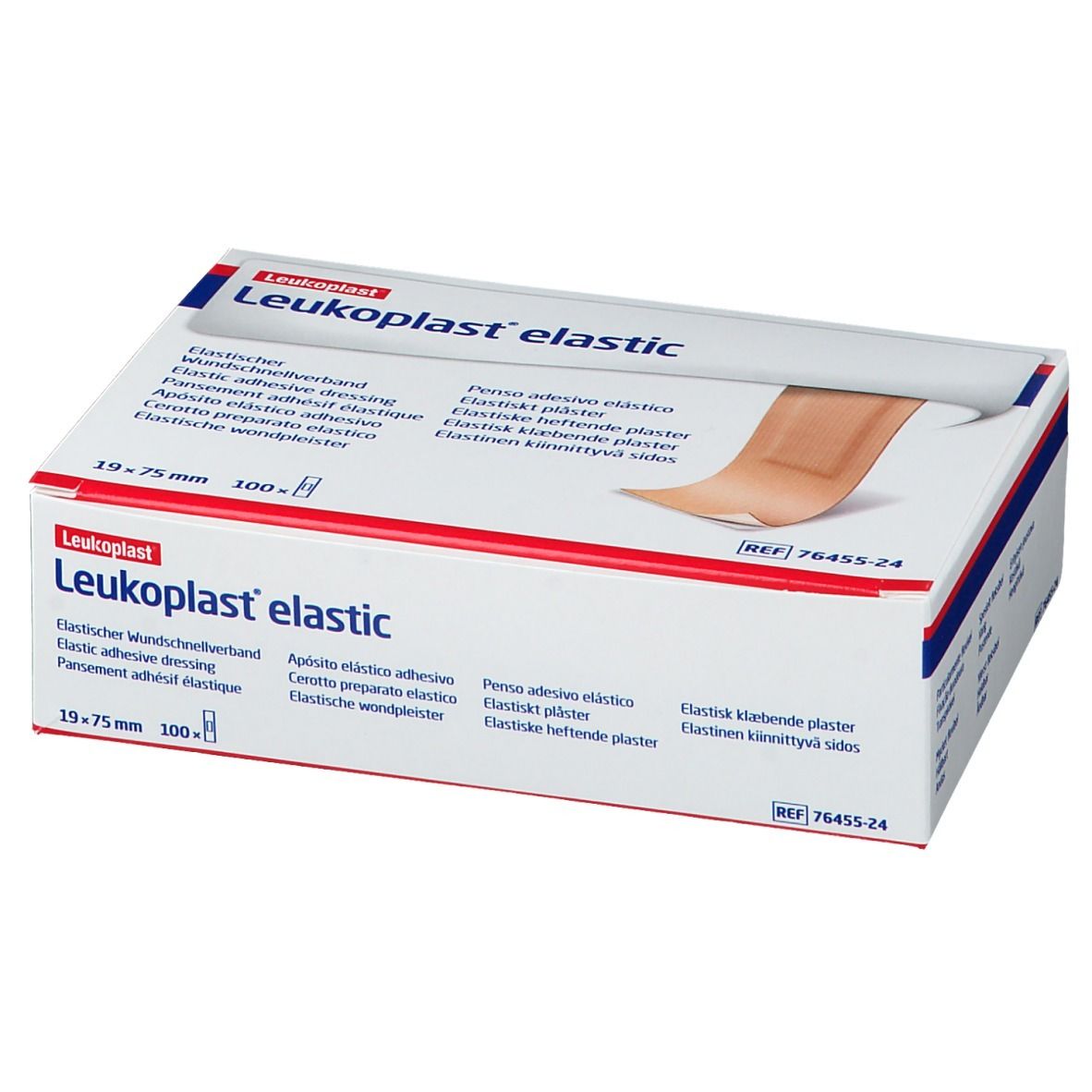 Verpakking Leukoplast® elastic pleisters. Afmeting 19 x 75 mm. Witte doos met productlogo en productafbeelding.