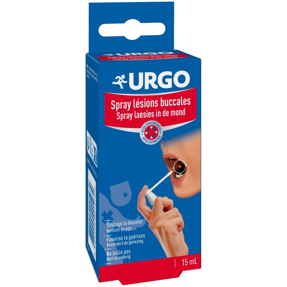 Verpakking van URGO Spray Lésions Buccales. Blauwe doos met productafbeelding en tekst. 15 ml.