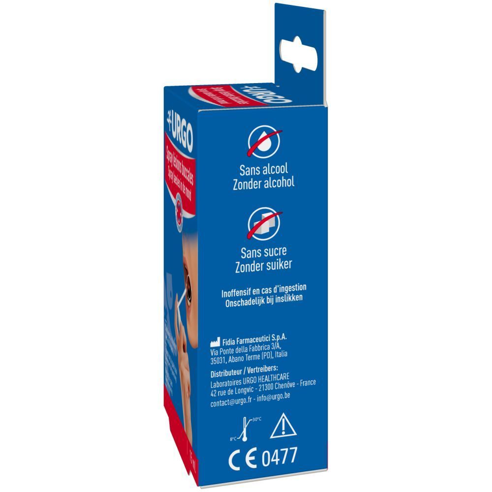 Achterkant van de verpakking van URGO Spray Lésions Buccales. Tekst, logo's en CE-markering.