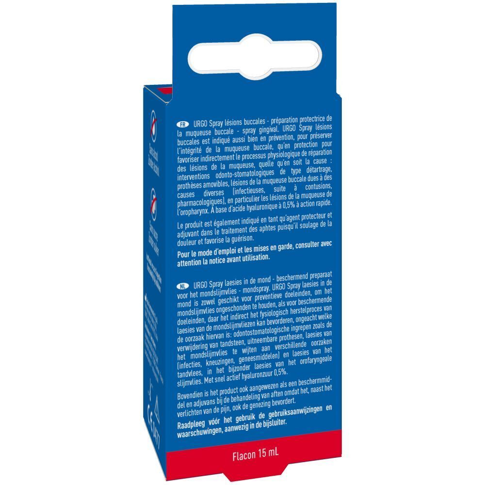 Zijkant van de verpakking van URGO Spray Lésions Buccales. Meertalige tekst. Flesje 15 ml.