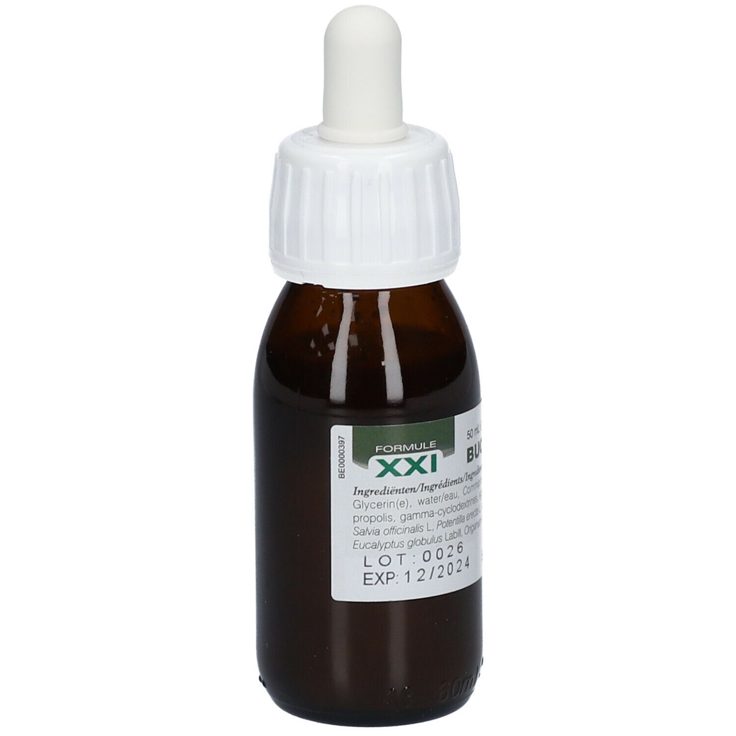 Bruine glazen fles met witte dop en pipet. Etiket met productinformatie. Soria Natural® Composor 01 Buccosor XXI.