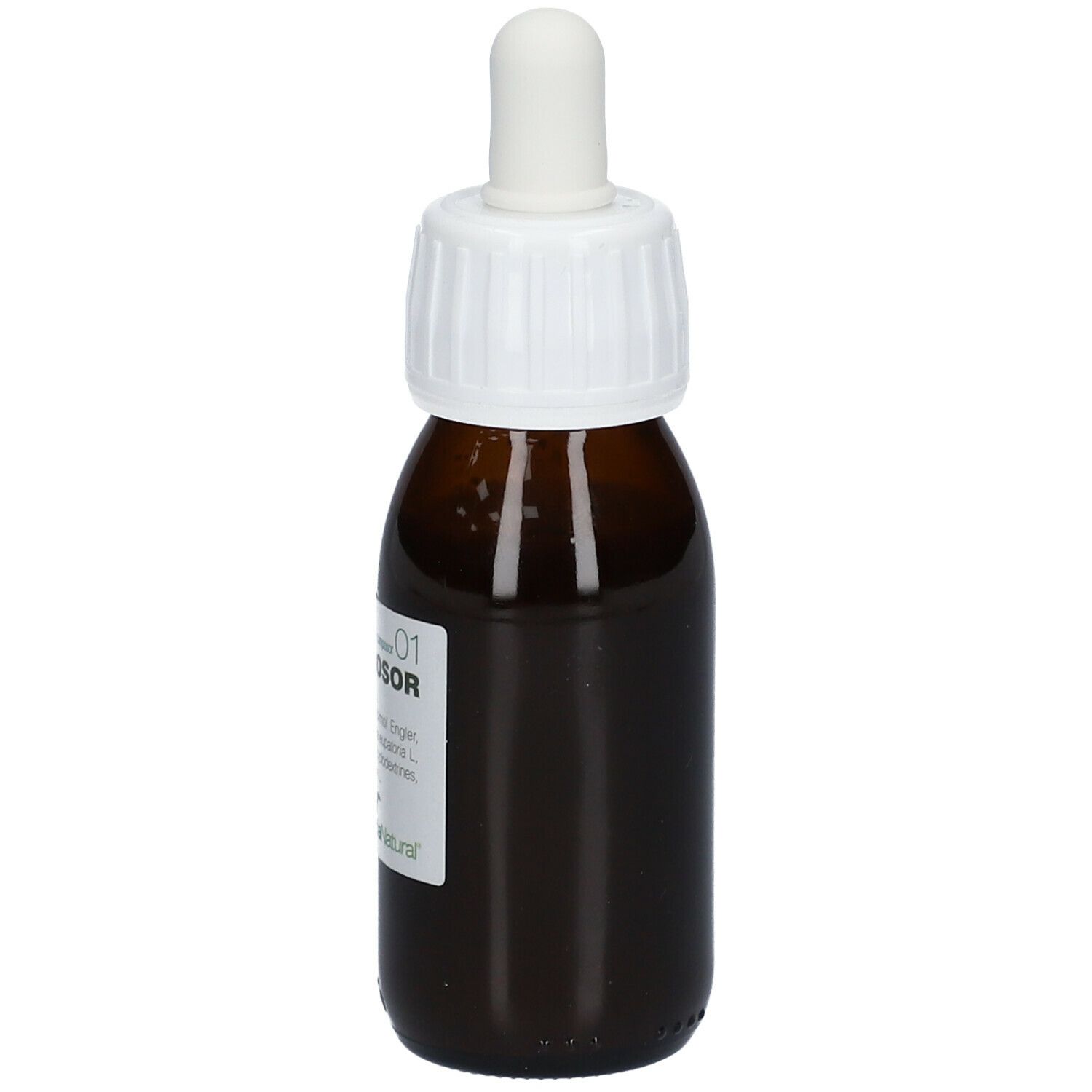 Bruine glazen fles met witte dop en pipet. Etiket met productinformatie. Soria Natural® Composor 01 Buccosor XXI.