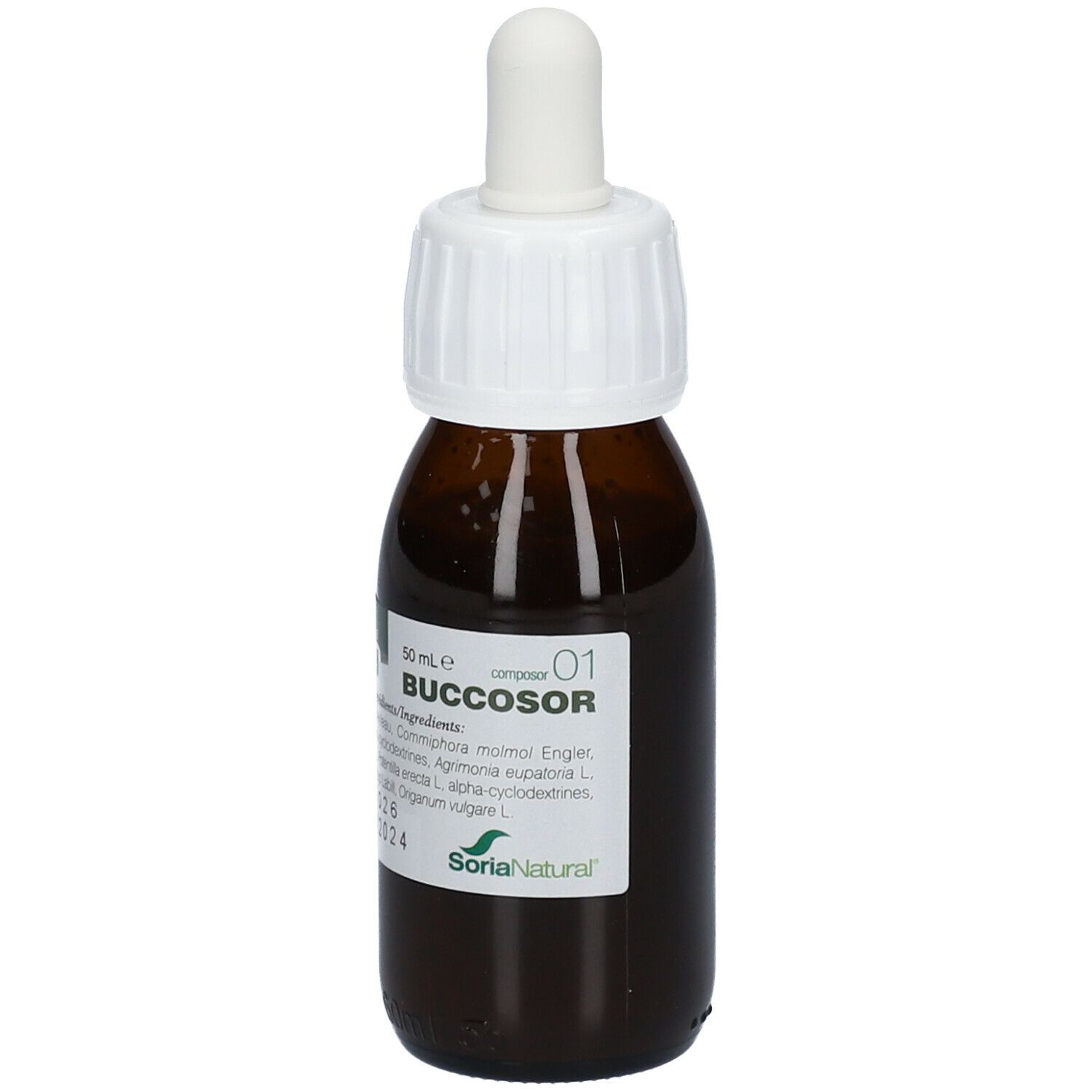 Bruine glazen fles met witte dop en pipet. Etiket met productinformatie. Soria Natural® Composor 01 Buccosor XXI.