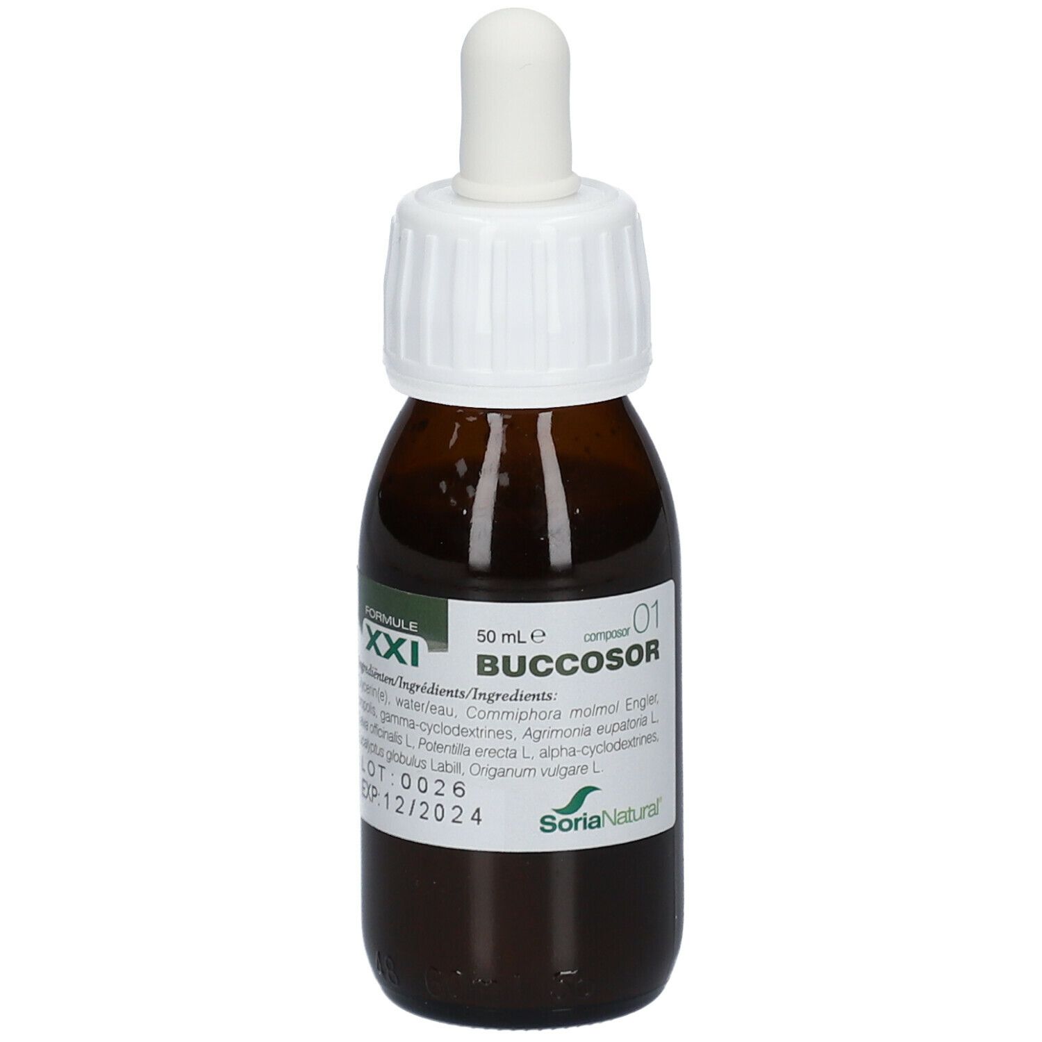 Bruine glazen fles met witte dop en pipet. Etiket met productinformatie. Soria Natural® Composor 01 Buccosor XXI.