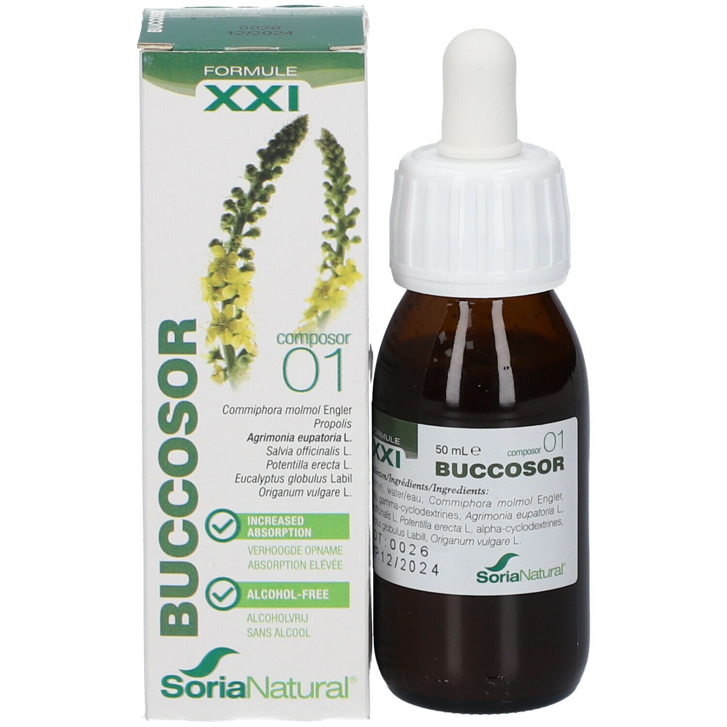 Productfles en verpakking. Bruine fles met witte dop en pipet. Soria Natural® Composor 01 Buccosor XXI.