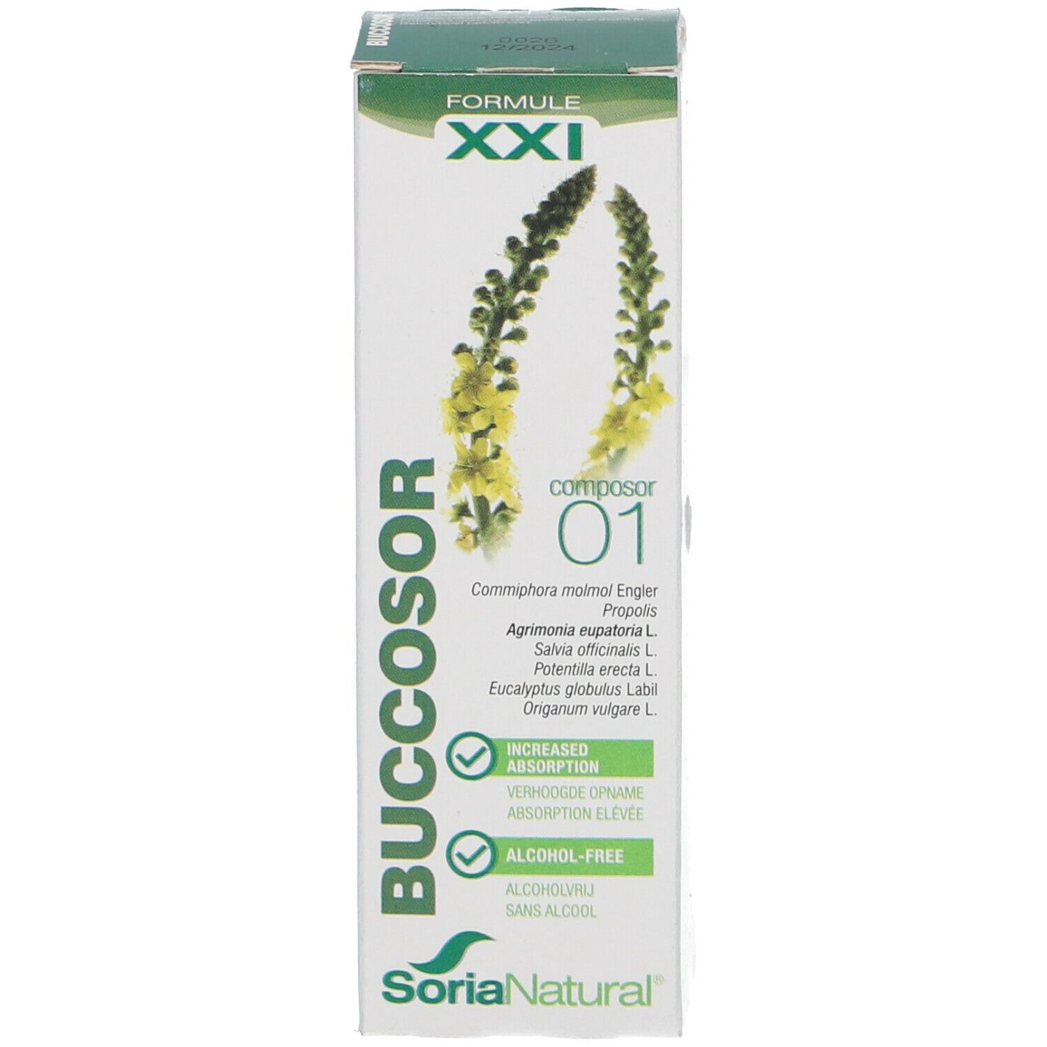 Productverpakking. Soria Natural® Composor 01 Buccosor XXI. Groene verpakking met productinformatie en logo.